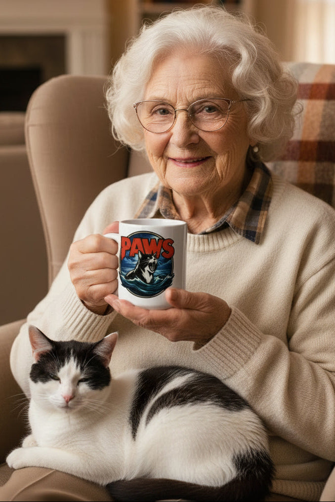 Senior woman holding a mug with a cat sitting next to her