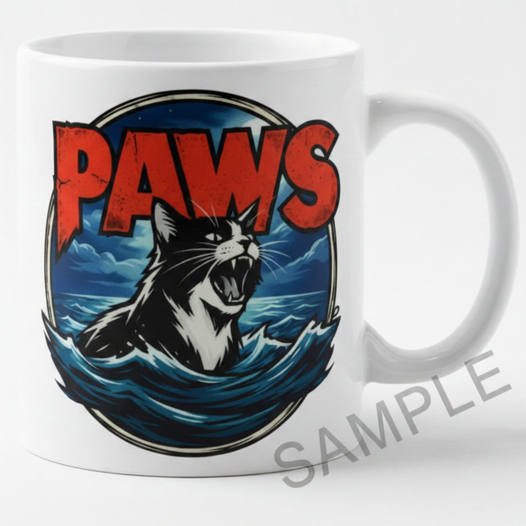 Logo with a cat illustration and 'PAWS' text  similar to jaws