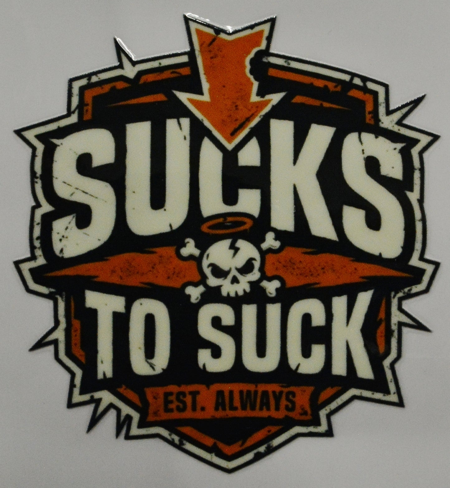 Sticker with text 'Sucks to Suck' and skull design 