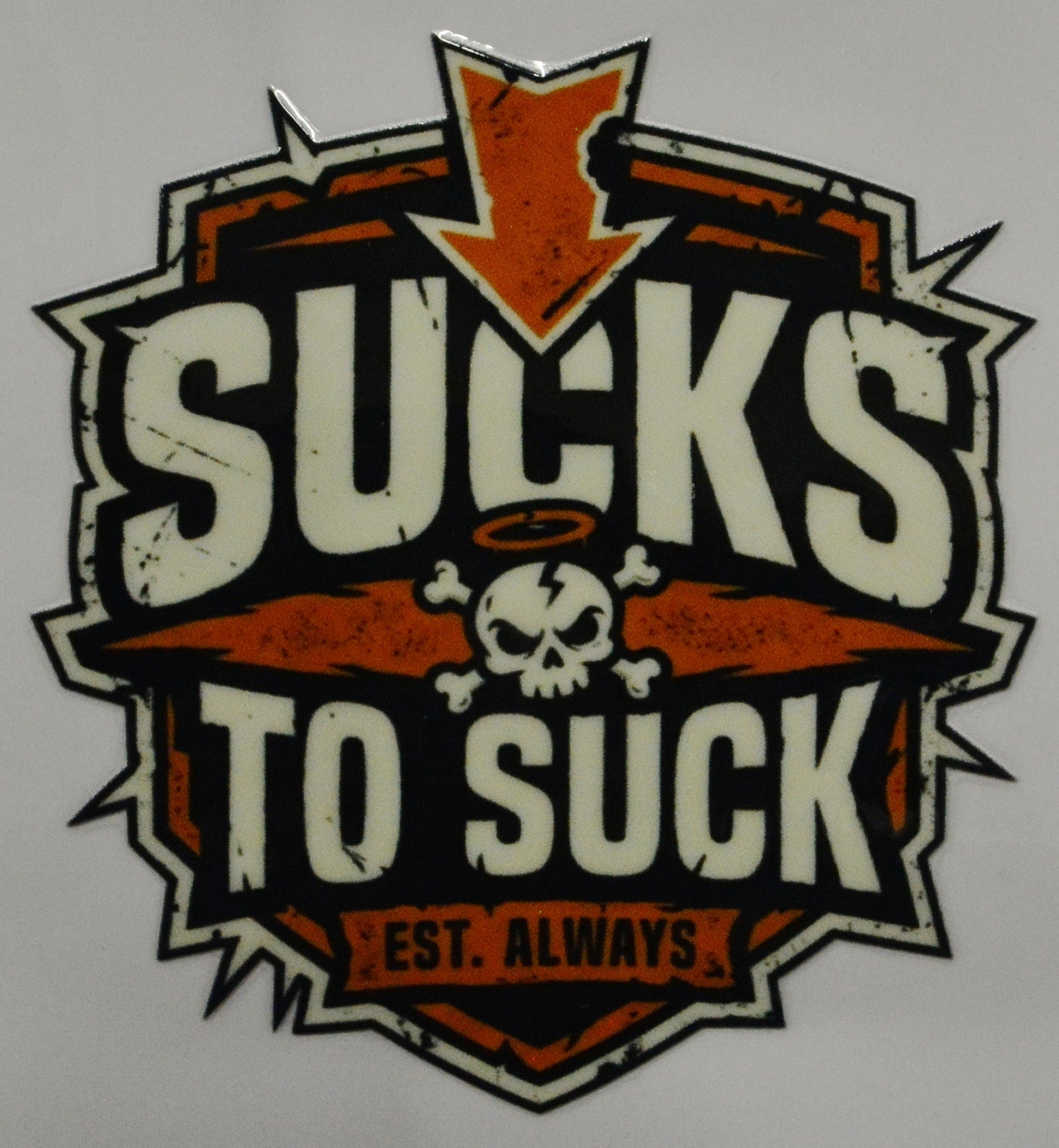 Sticker with text 'Sucks to Suck' and skull design 