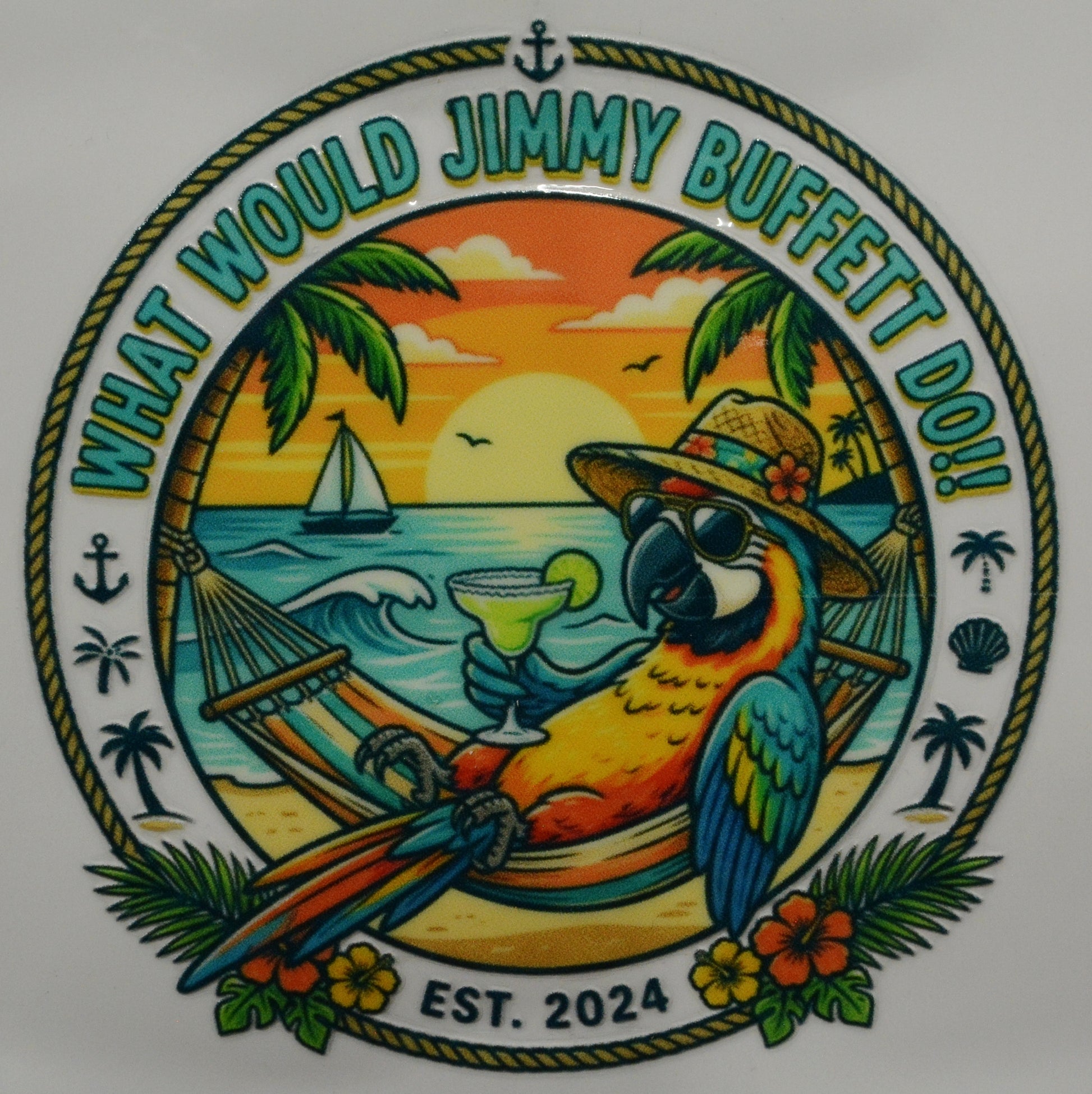 Circular logo with a parrot holding a cocktail, palm trees, and sunset, featuring 'What Would Jimmy Buffett Do?' 