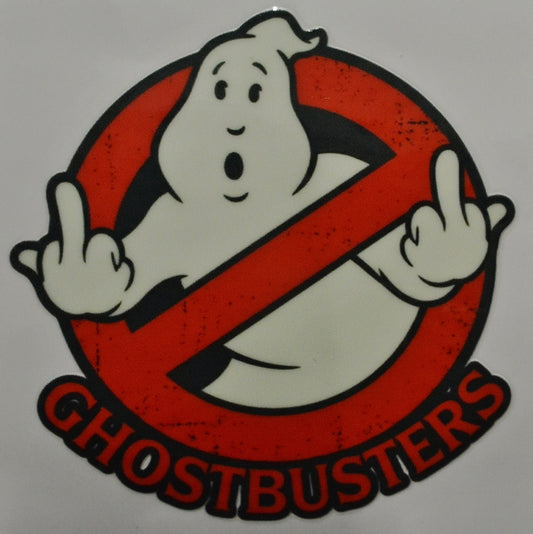 Ghostbusters logo with a ghost character and red circle with diagonal line 