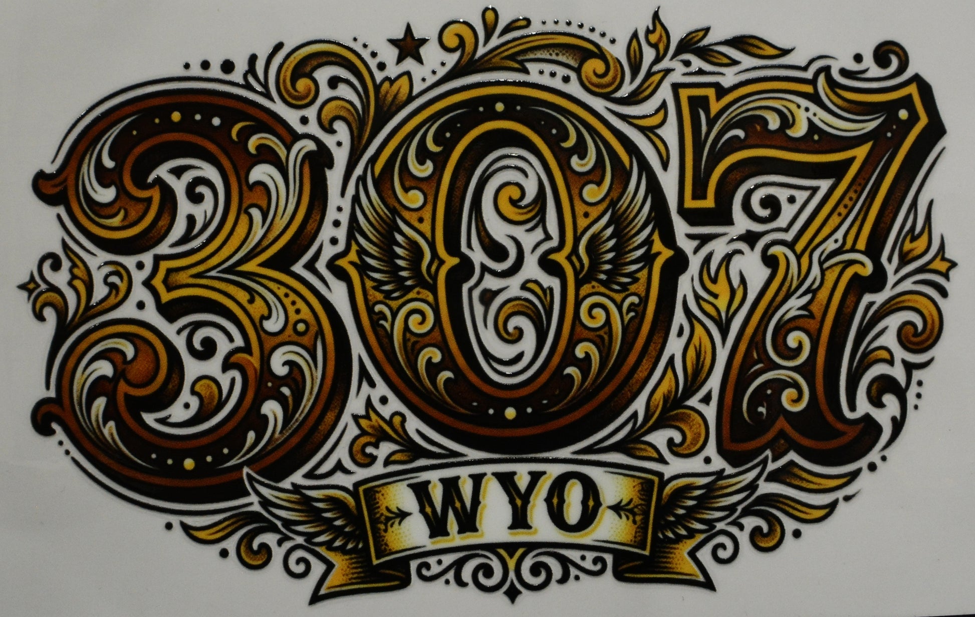 Decorative number '307' with ornate designs and 'WYO' text 