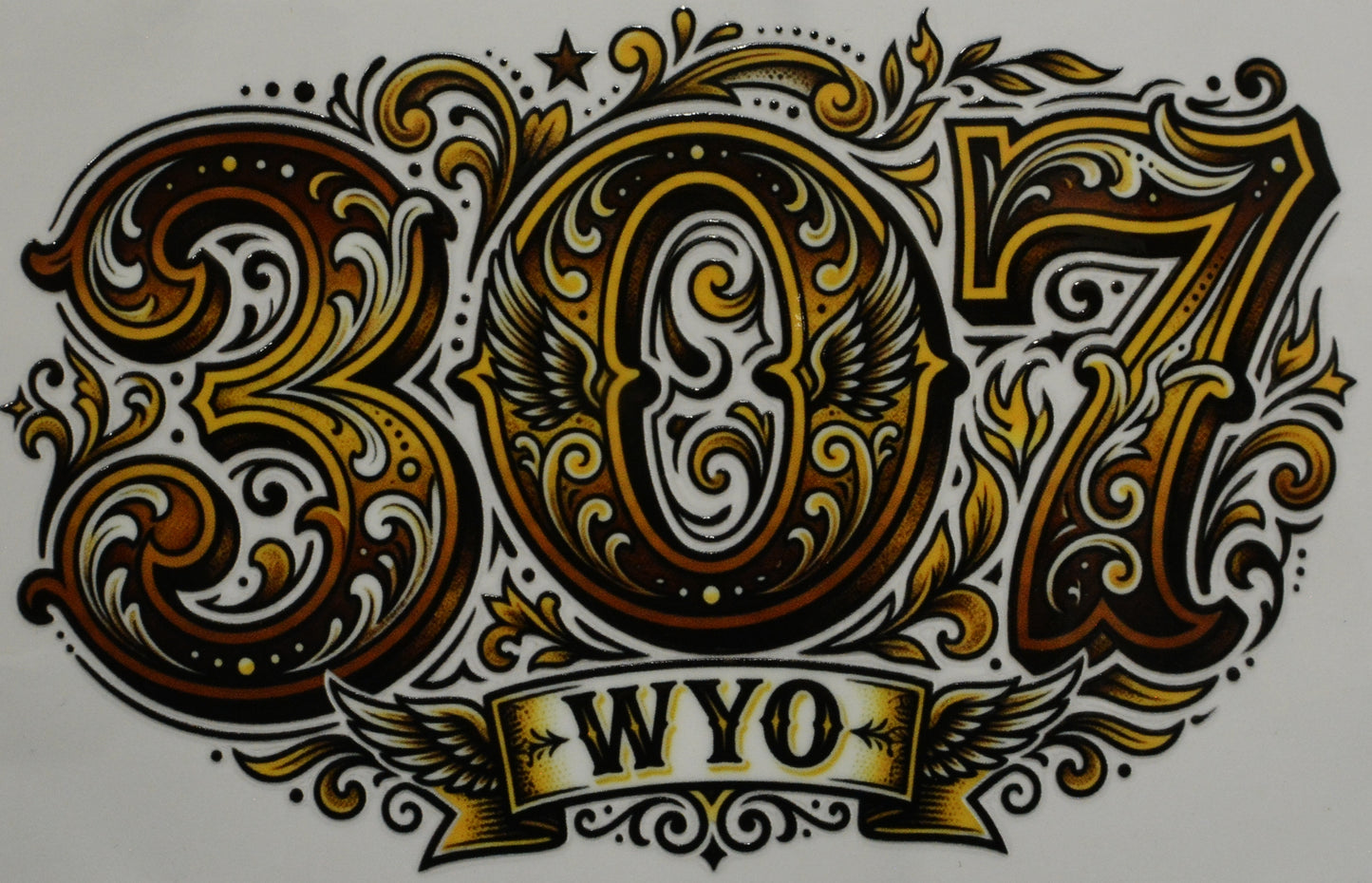 Decorative number '307' with ornate designs and 'WYO' text 