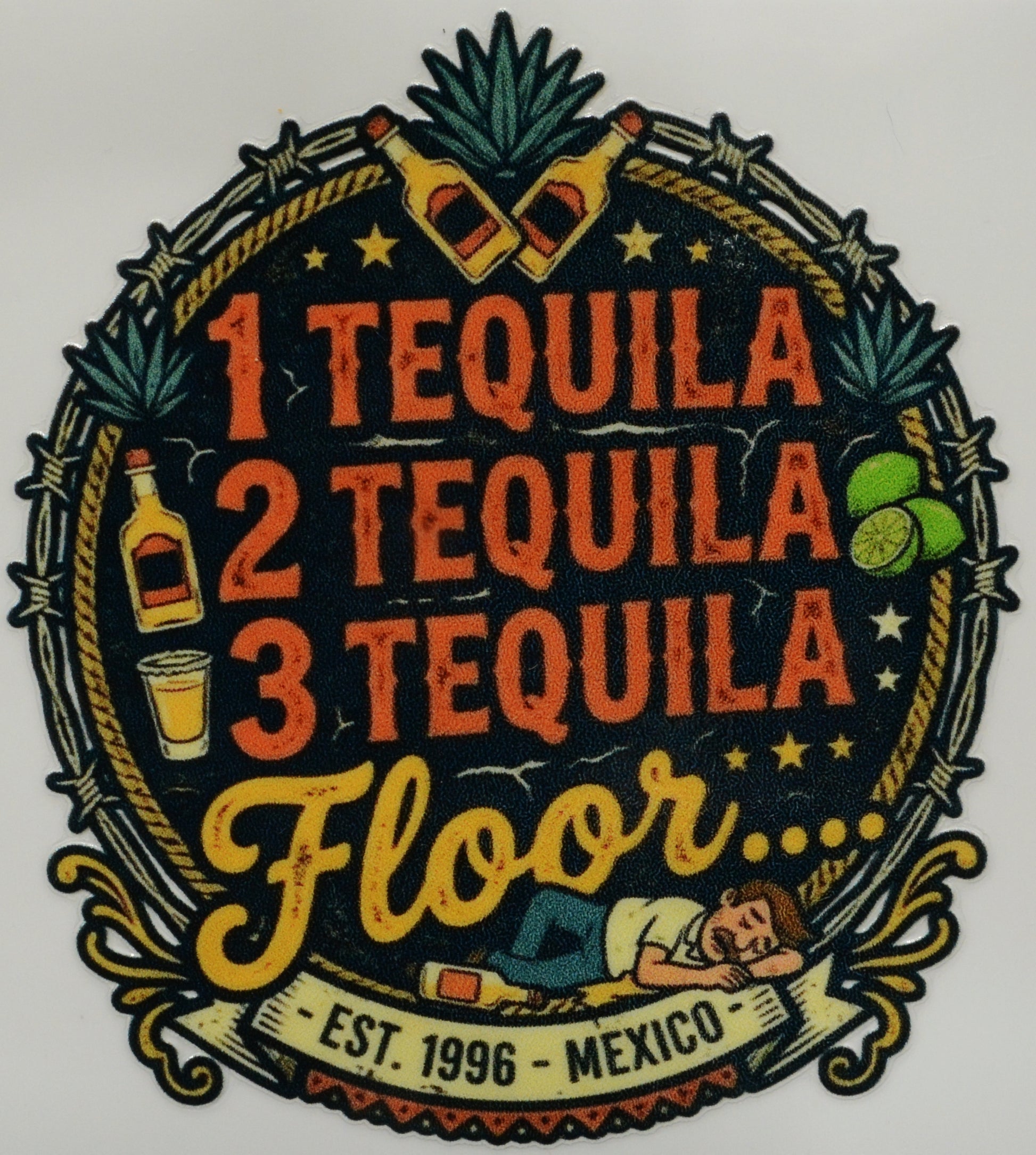 Tequila-themed design with text and graphics on a black background