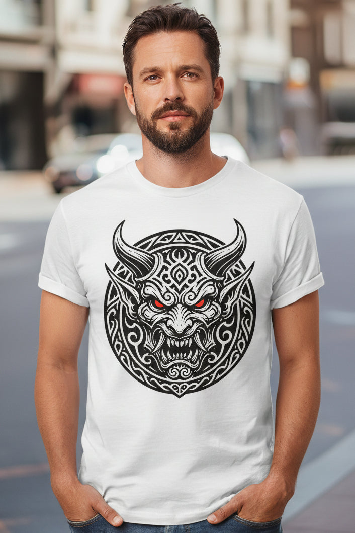 Black and white Japanese Demon head tattoo design with red eyes on a light gray background