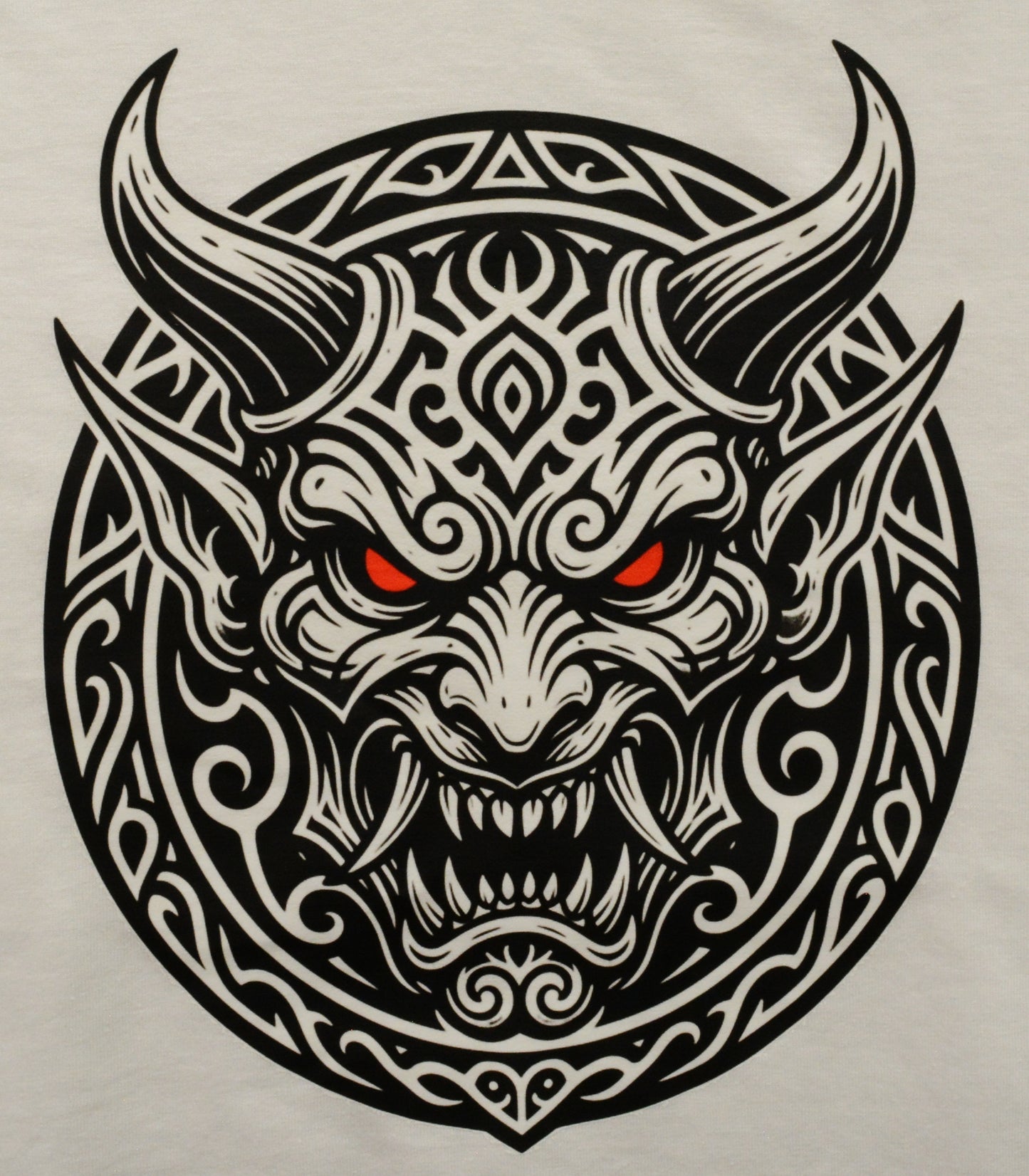 Black and white Japanese Demon head tattoo design with red eyes on a light gray background