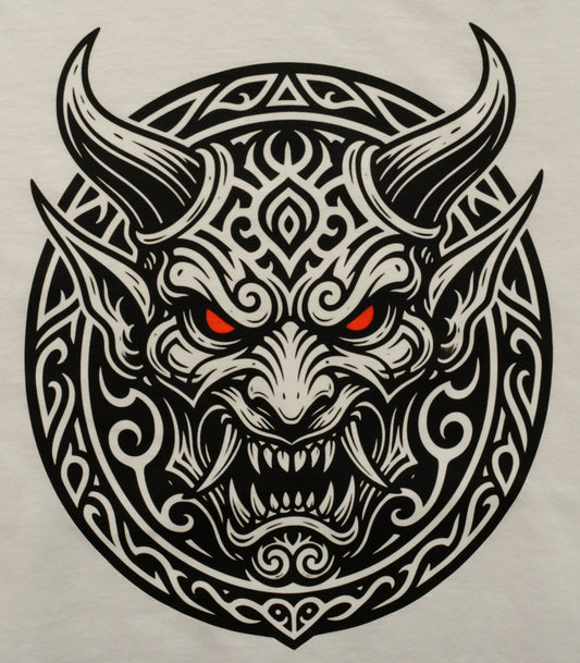 Black and white Japanese Demon head tattoo design with red eyes on a light gray background