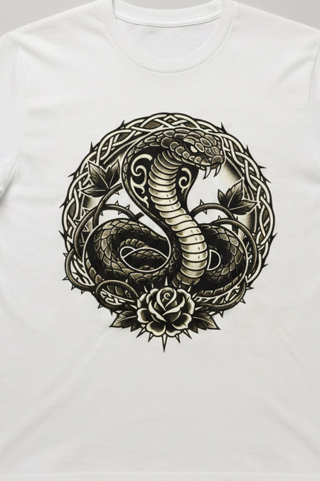 Decorative design of a snake coiled around a rose with intricate patterns on a white shirt