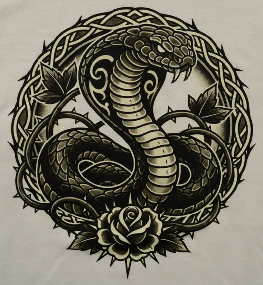 Decorative design of a snake coiled around a rose with intricate patterns on a white background