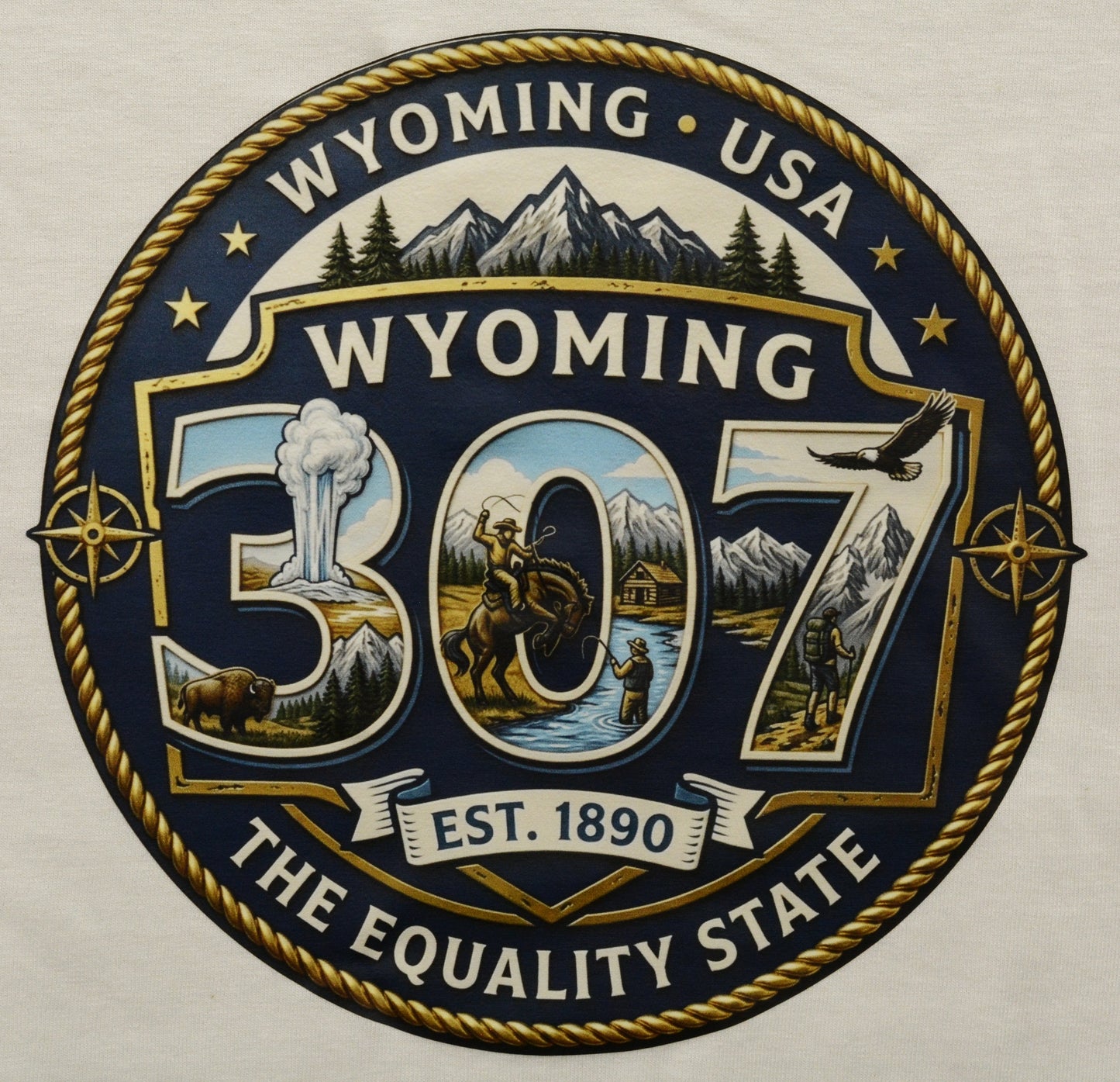 Wyoming-themed emblem with mountain, bear, and eagle illustrations on a blue background.