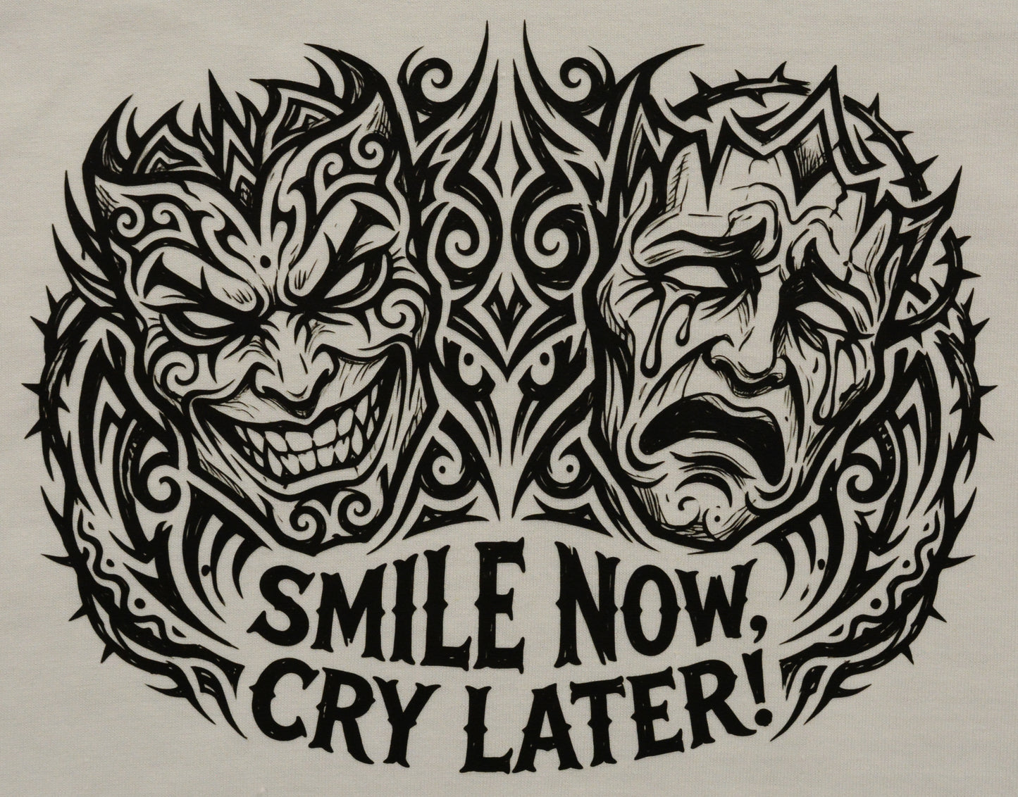 Tattoo-style design with two masks and the text 'Smile Now, Cry Later!' on a white background.