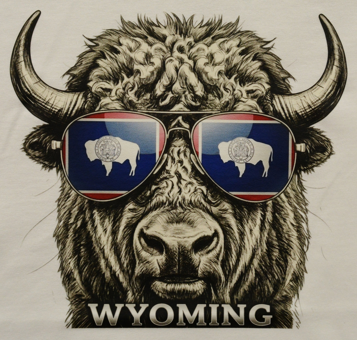 Bison wearing sunglasses with Wyoming flag design and 'Wyoming' text on a white shirt