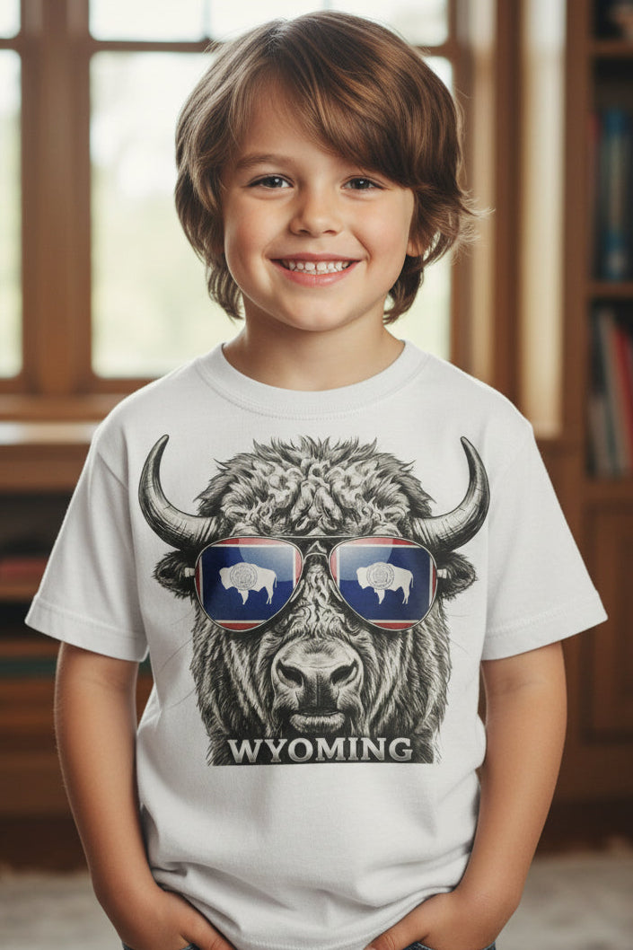 Bison wearing sunglasses with Wyoming flag design and 'Wyoming' text on a white shirt