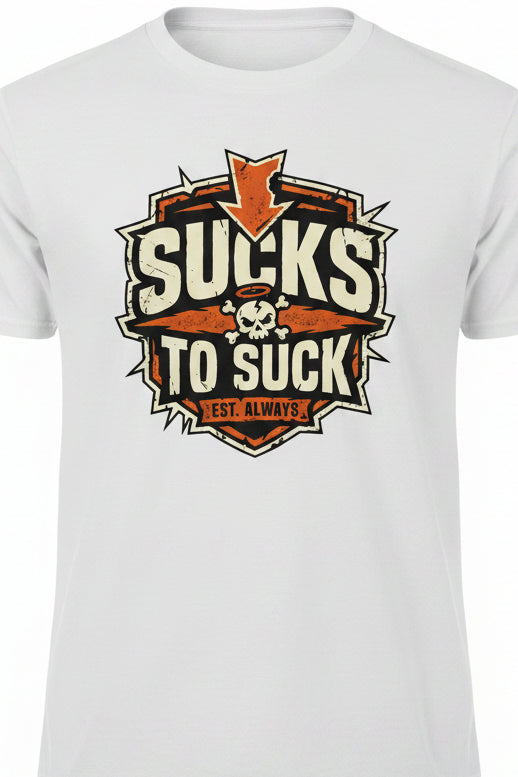 T-shirt with a graphic design featuring text "Sucks to Suck" and a skull on a white shirt