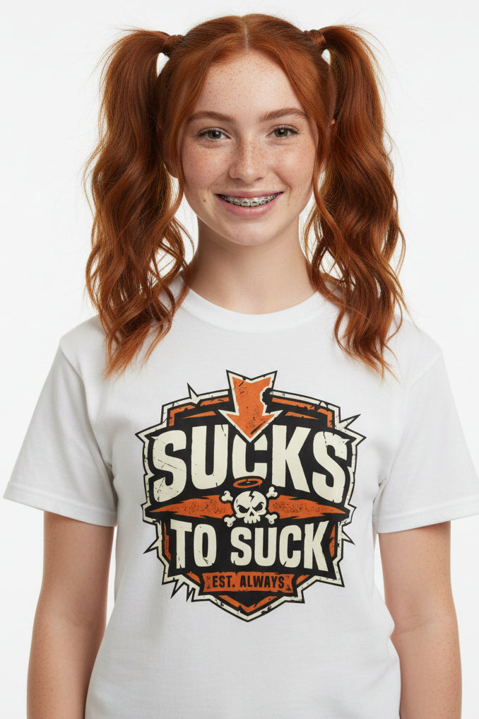 T-shirt with a graphic design featuring text "Sucks to Suck" and a skull on a white shirt