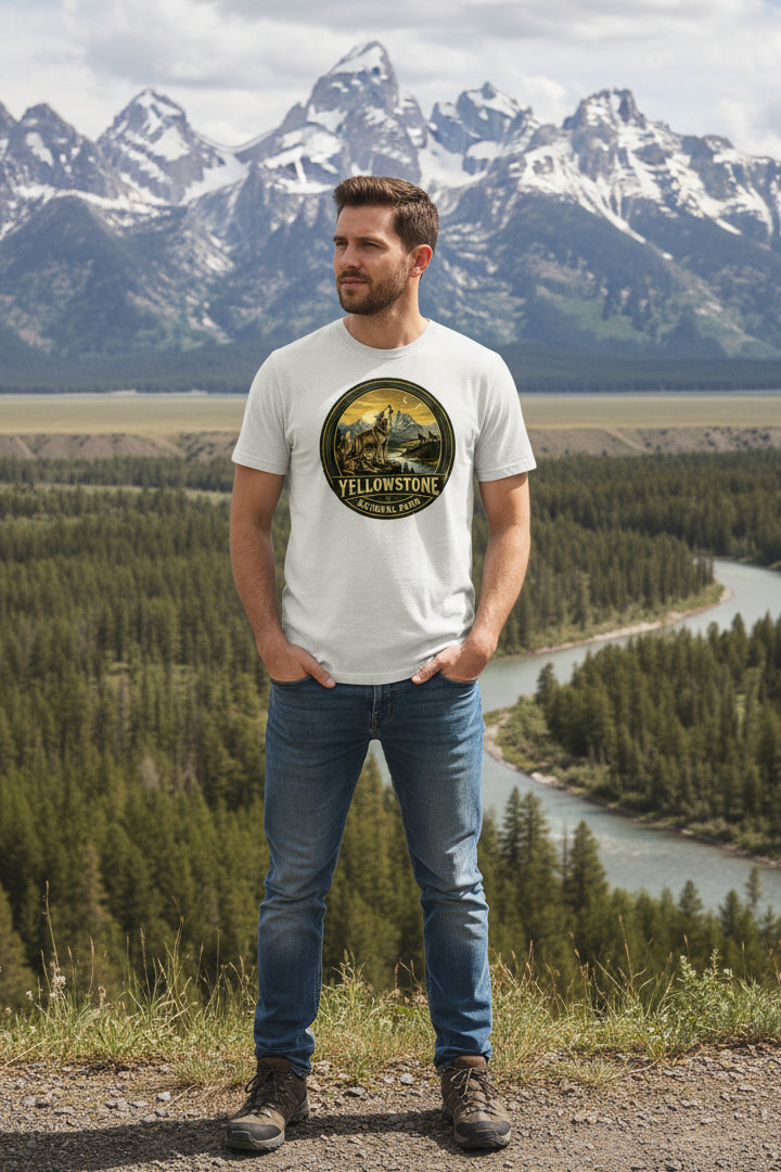 Yellowstone National Park logo with wolves and mountains