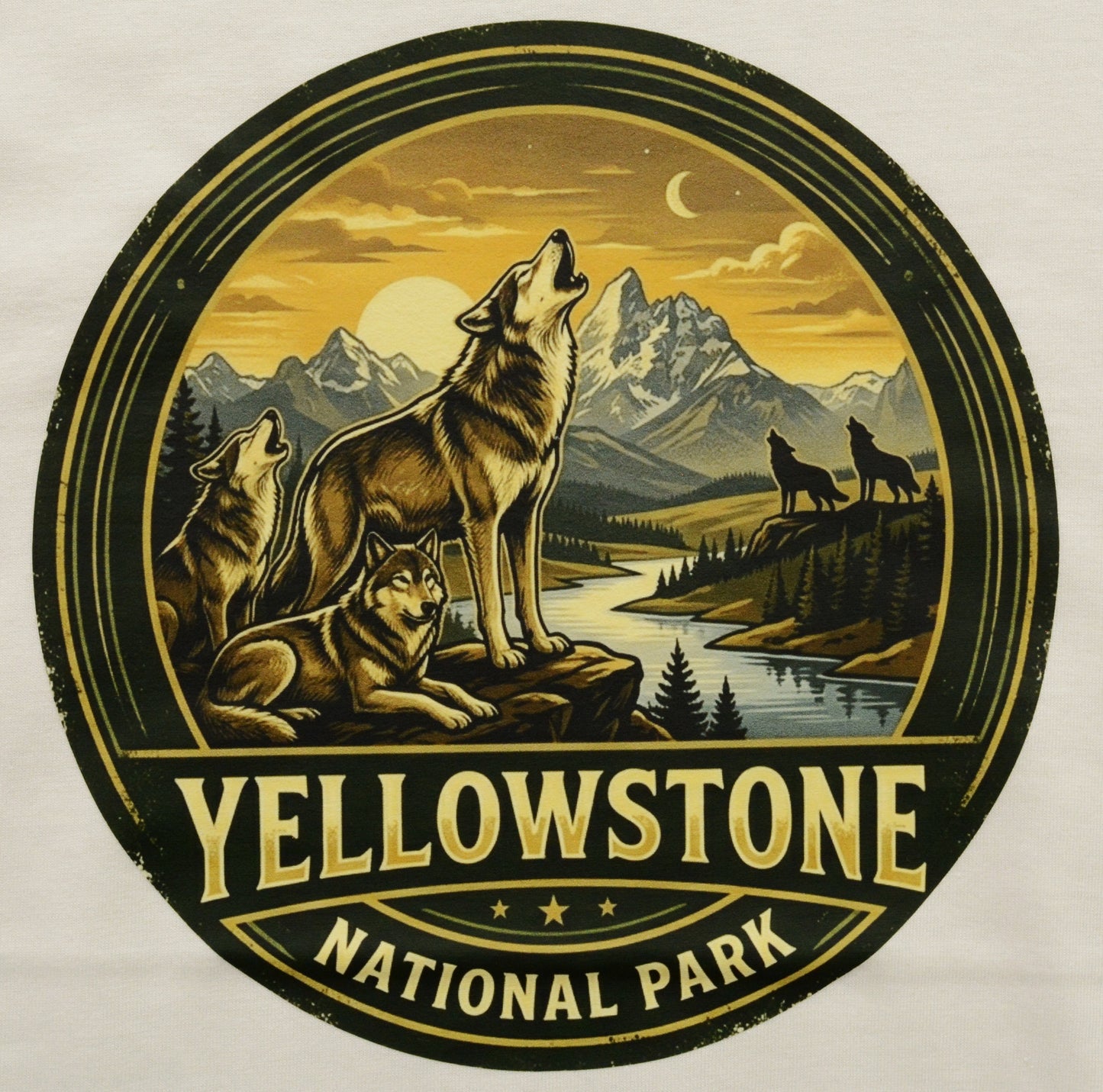 Yellowstone National Park logo with wolves and mountains