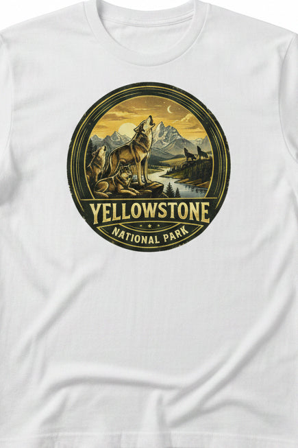 Yellowstone National Park logo with wolves and mountains on white shirt