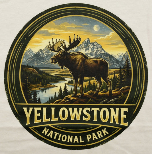Yellowstone National Park logo with a moose and mountain landscape on a white shirt