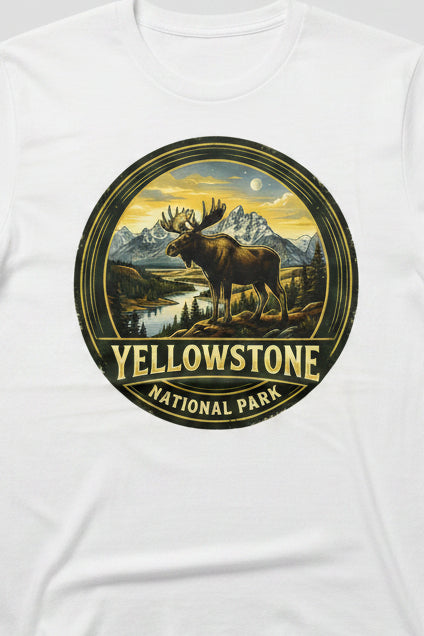 Yellowstone National Park logo with a moose and mountain landscape on a white shirt