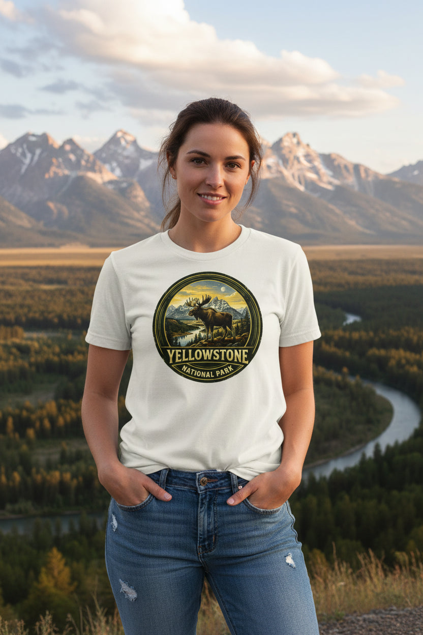 Yellowstone National Park logo with a moose and mountain landscape on a white shirt
