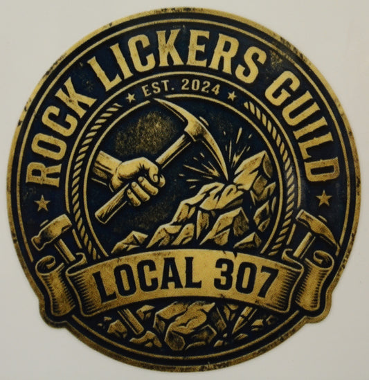 Logo of Rock Lickers Guild Local 307 with a hammer and mountain design on a black background.