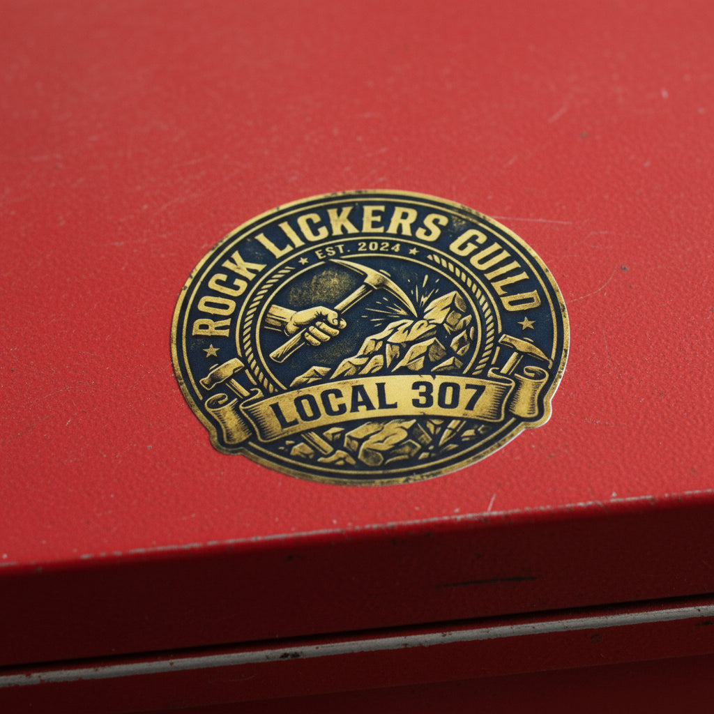 Logo of Rock Lickers Guild Local 307 with a hand holding a pickaxe and mountain.